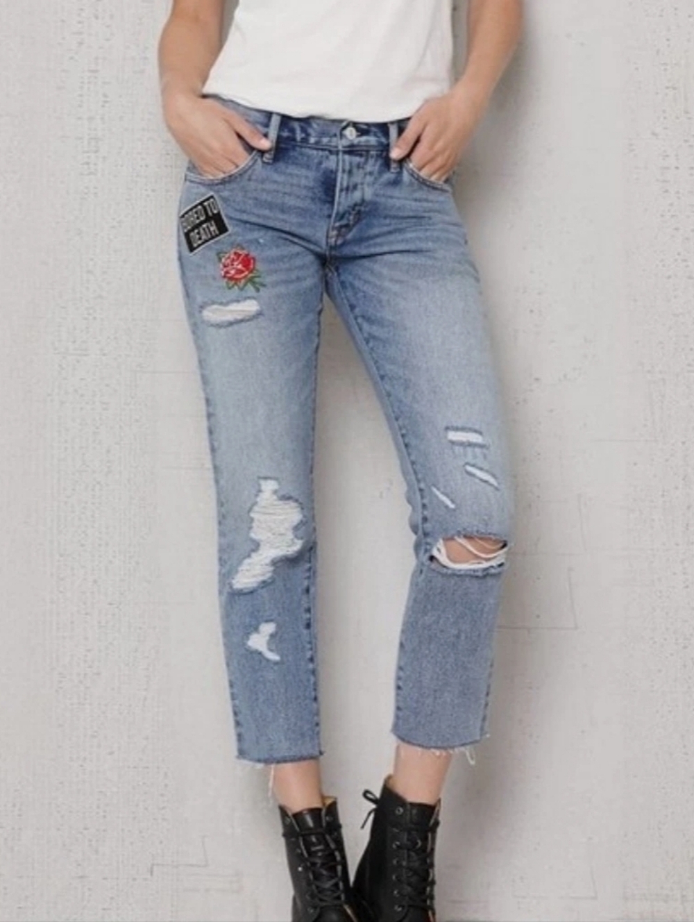 PacSun Patched Girlfriend Cropped Jeans Women's Size 25 Mid Rise Frayed Hem